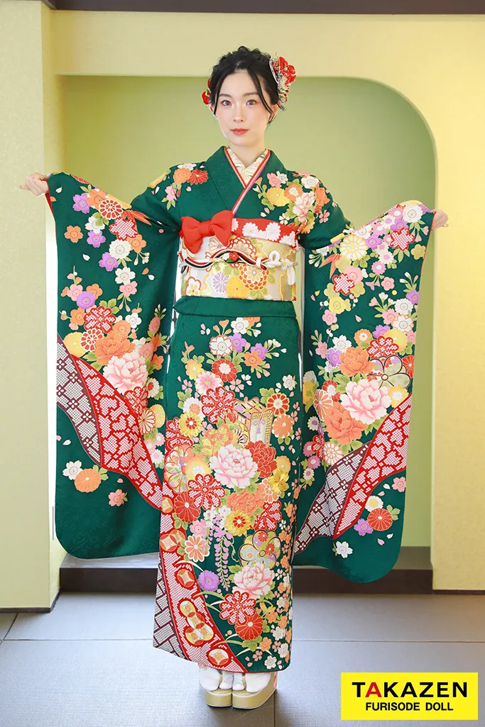 508z13.半衿〇振袖 辻が花文様 金糸 鮮やかな青緑系〇美品