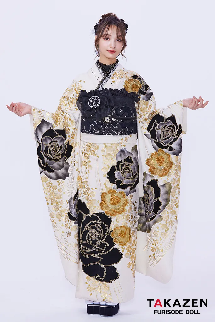 高級ヘップバーン 白/ゴールド/黒 ベルベット素材バラ柄 セレブ