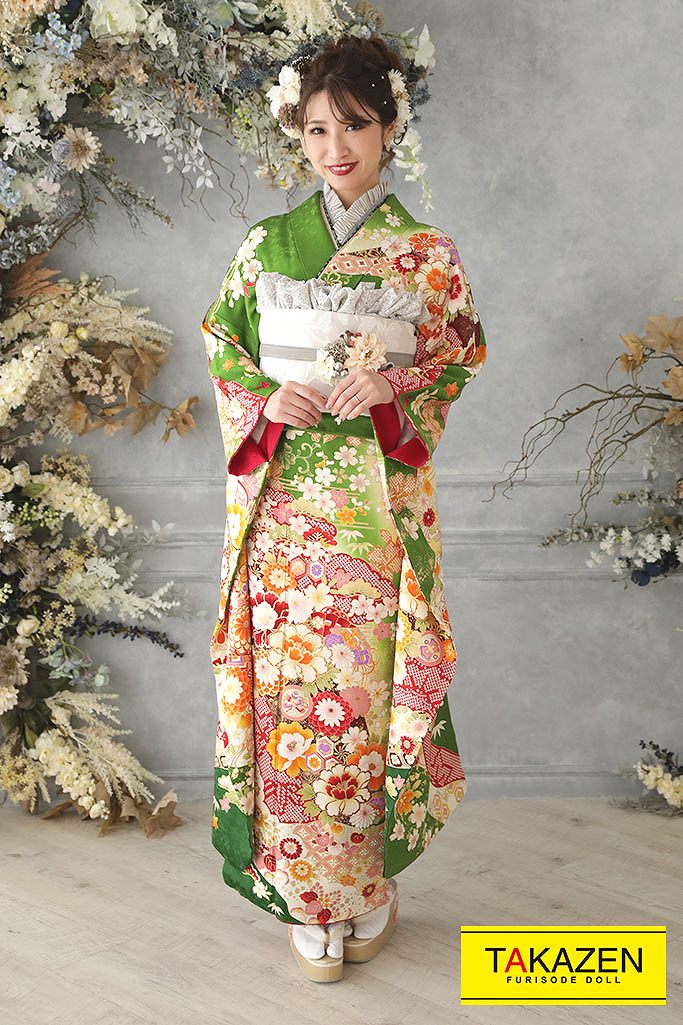 激安正統派古典 黄緑色/グリーン 牡丹柄 上品 可愛い おしとやか振袖