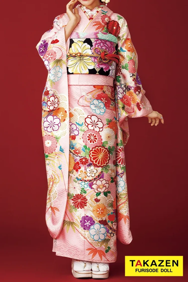 格安正統派古典 サーモンピンク 毬柄 かわいい振袖 激安 お得 はんなり