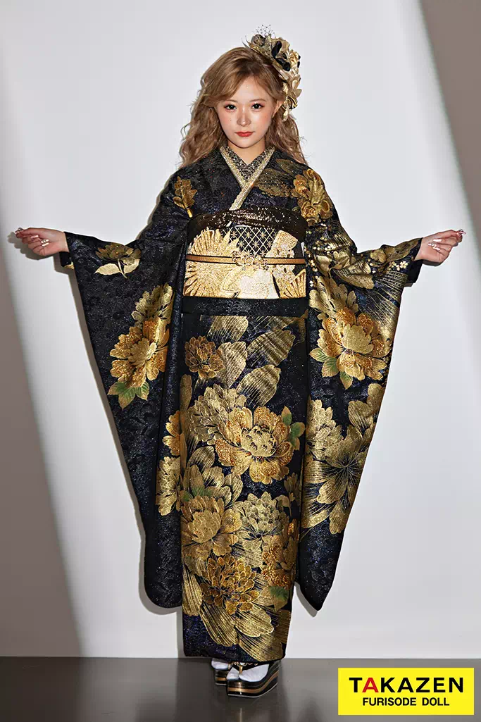 かっこいい系 黒/金/ゴールド 牡丹柄 派手 人気 大人っぽい 綺麗系振袖