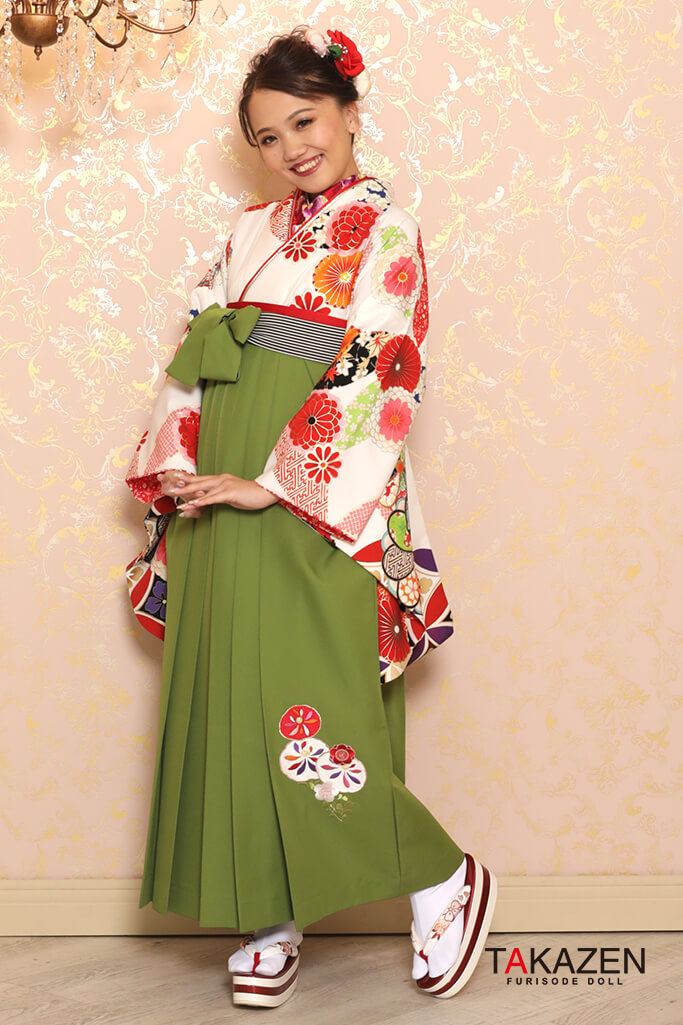 正統派古典 白地/赤 菊柄 定番 清楚 古典 教員袴コーデ 【通販可