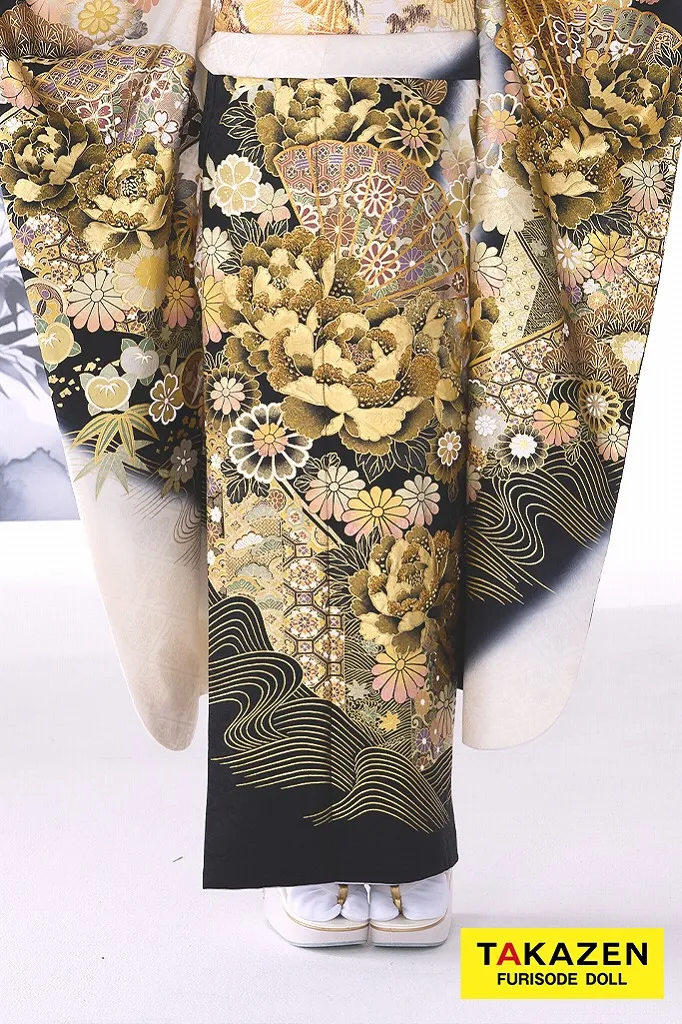 粋古典 白金/ゴールド 牡丹柄/扇面 最高級金彩刺繍友禅 煌びやか 金彩