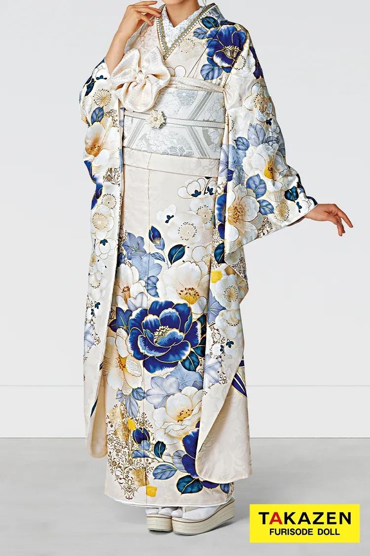 正統派古典 クリーム/青 椿柄 上品 寒色系 かわいい 統一感のある