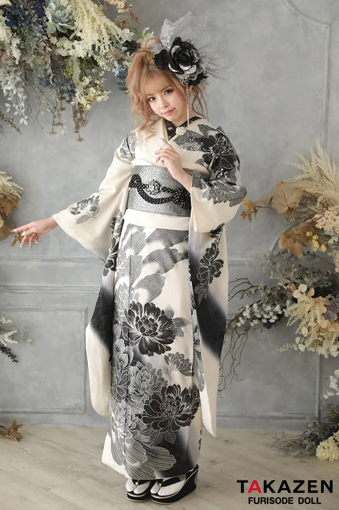 510z3.508y20.小物☆振袖 銀通し モダン 金彩 地紋 薔薇 白黒☆ 510z3