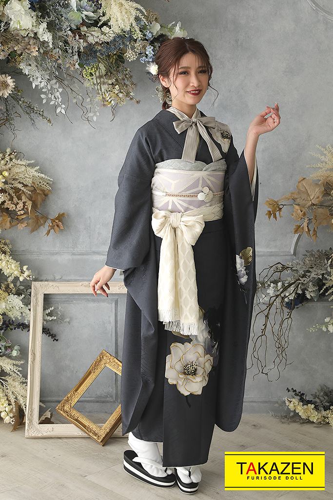 デニム振袖 フルセット、振袖セット、成人式、グレー デニム振袖 フル