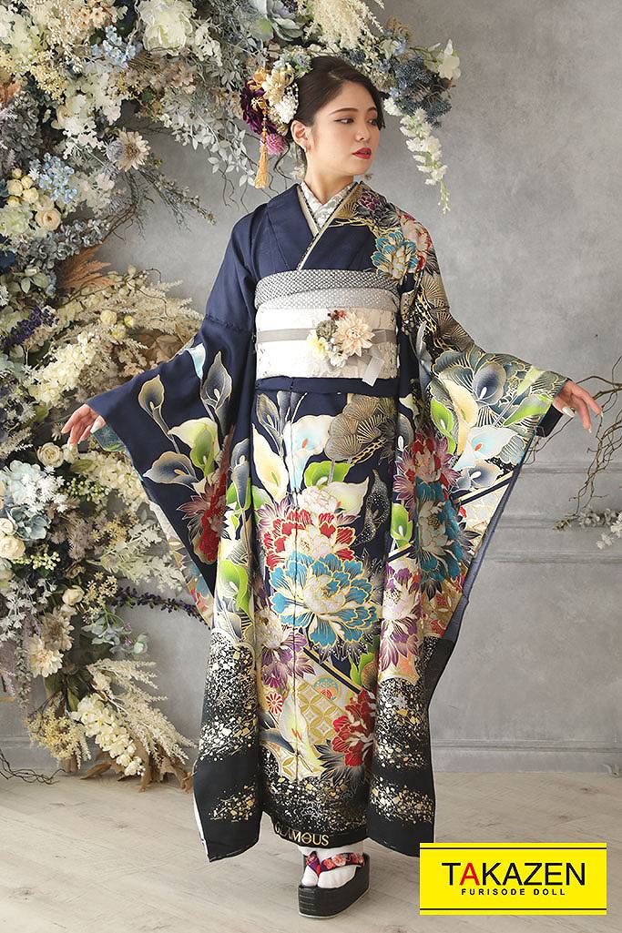 ポリエステル ブランド振袖 ジャパンスタイル 金彩 向かい鶴 身丈171cm