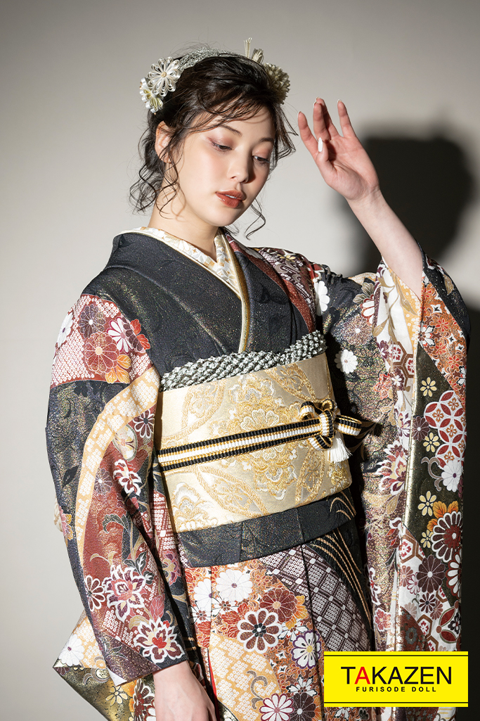 ☆着物10☆ 1円 絹 振袖 金駒刺繍 金彩 桜 襦袢セット 袷