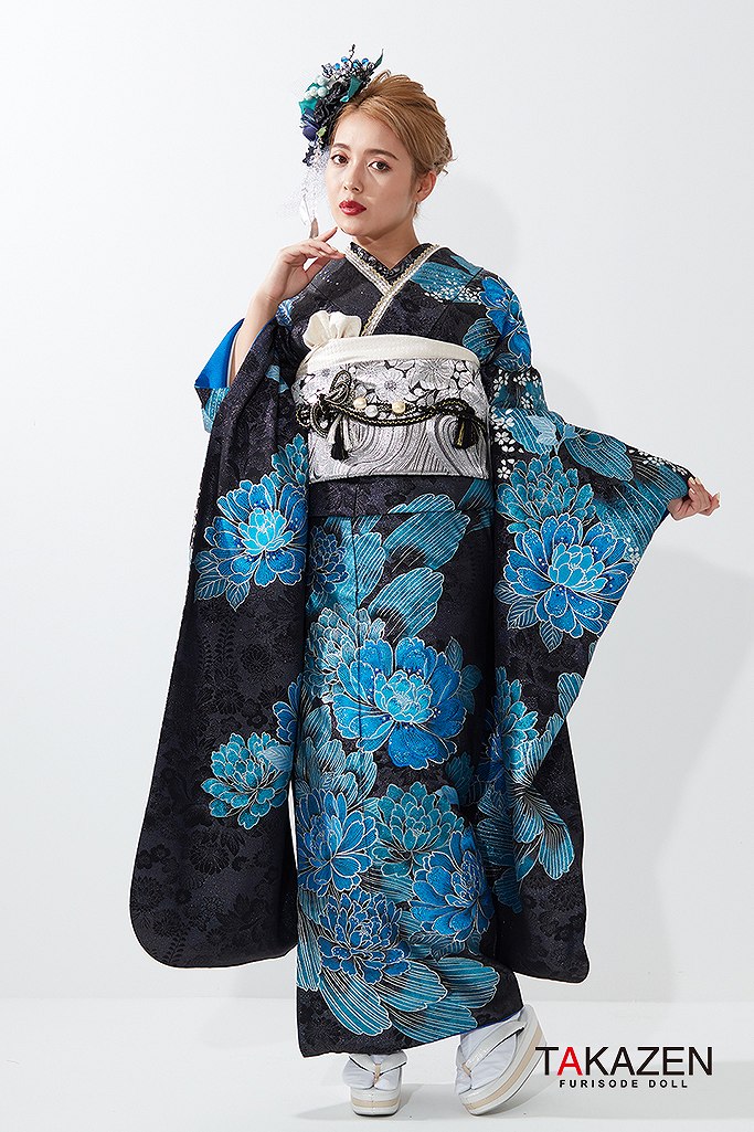 黒ラメゴージャス牡丹に流水の振袖フルセット 黒ラメゴージャス牡丹に流水