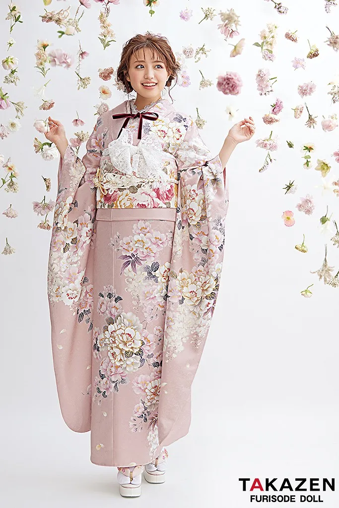 くすみカラーガーリー 淡色/ピンク 牡丹柄 トレンド かわいい振袖 香音