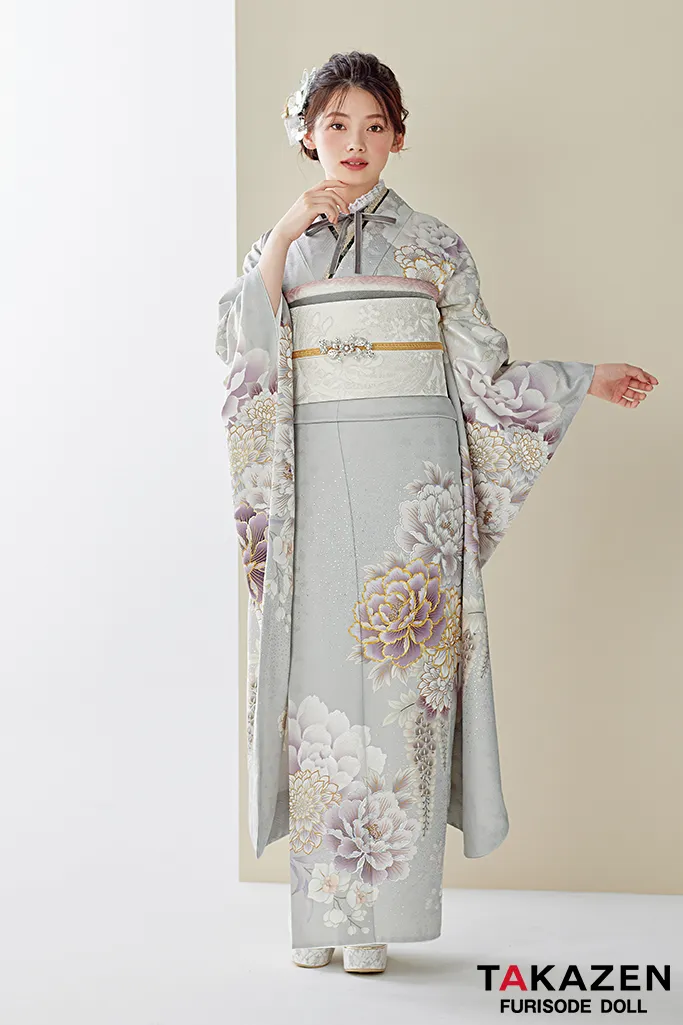 くすみカラー古典 淡い色/薄グレー/ニュアンスカラー 牡丹柄 綺麗な
