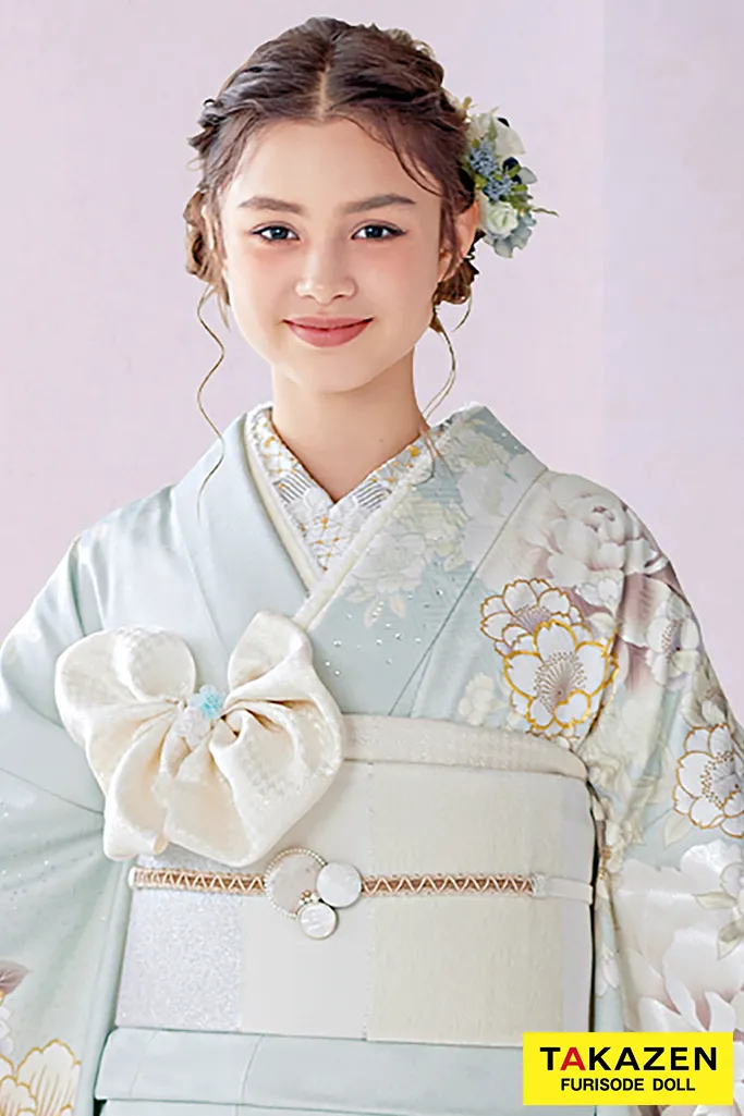 専用 ご予約 振袖 未仕立て 仮絵羽 くすみ水色 牡丹 金糸 ラメ 刺繍