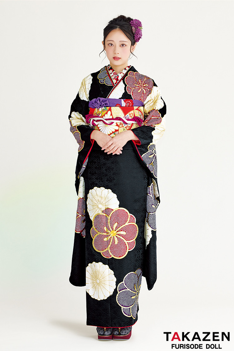 507z52, レース半衿☆人気！振袖 古典柄 金彩 地紋 蝶 赤×黒☆美品