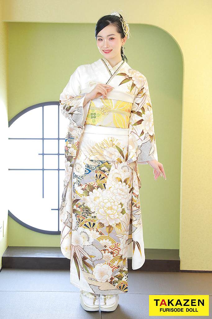 507zu41☆鈴乃屋 振袖 シンプル 金彩 裄長め 牡丹 黄色☆成人式 結婚式