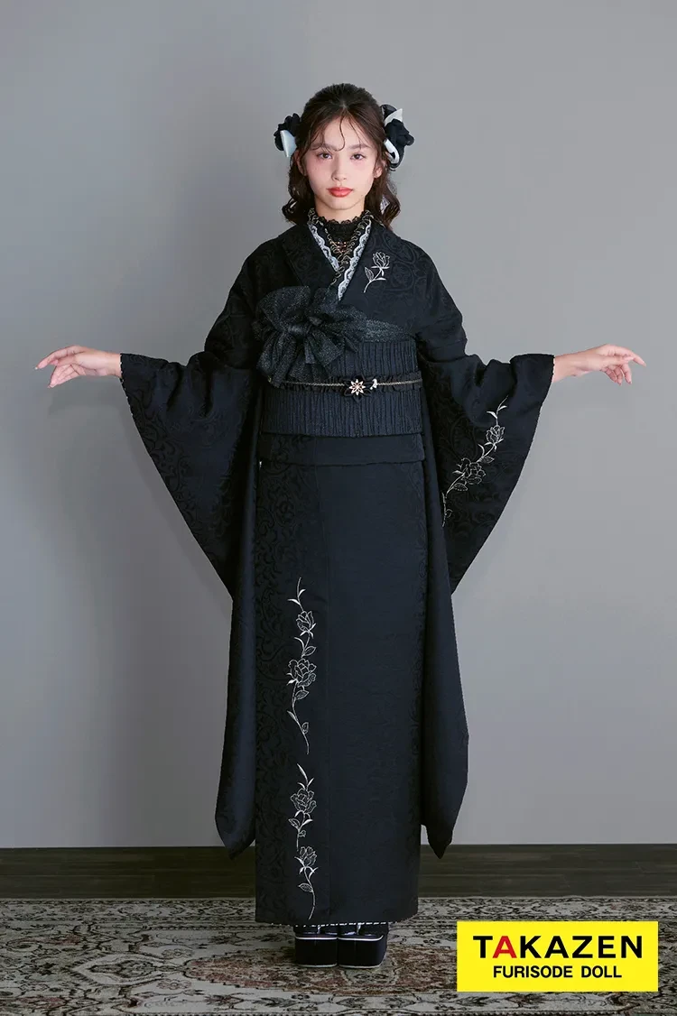 専用ページ】 正絹 振袖 フルセット 黒無地 モノトーン 漆黒M〜Lサイズ