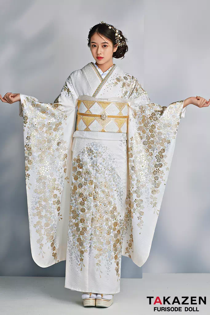 最高級古典柄振袖 関芳/最高級金駒金彩刺繍友禅 白金 桜柄 キラキラ