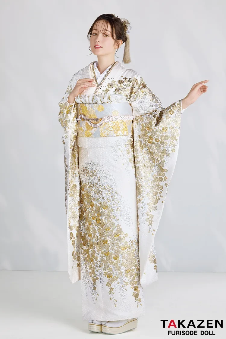 最高級古典柄振袖 関芳/最高級金駒金彩刺繍友禅 白金 桜柄 キラキラ