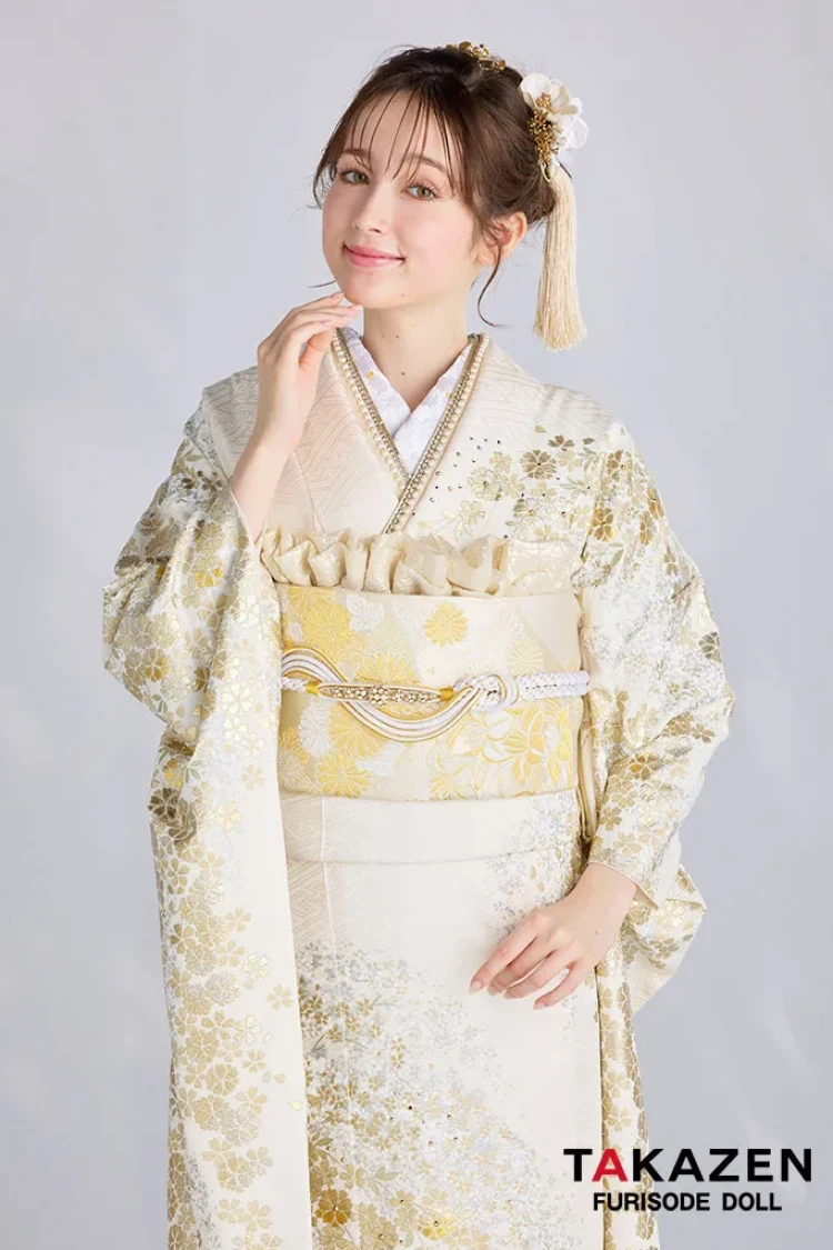 最高級古典柄振袖 関芳/最高級金駒金彩刺繍友禅 白金 桜柄 キラキラ