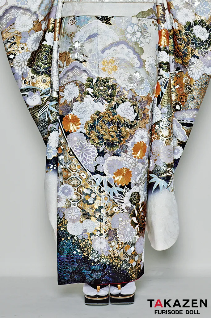 粋古典 白/グレー/金 牡丹柄 シック 白地 渋い振袖 大人っぽい 花魁風