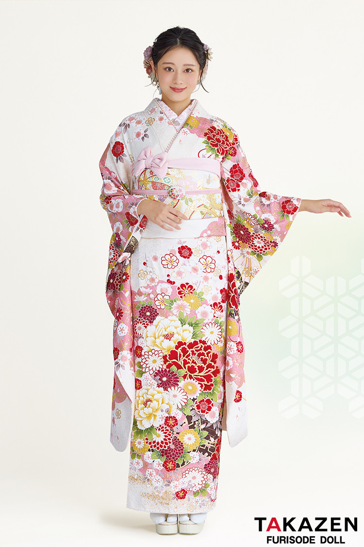 振袖 ピンク系 淡いピンク 銀通し 刺繍 牡丹 桜 リボン 鞠柄 正絹 振袖