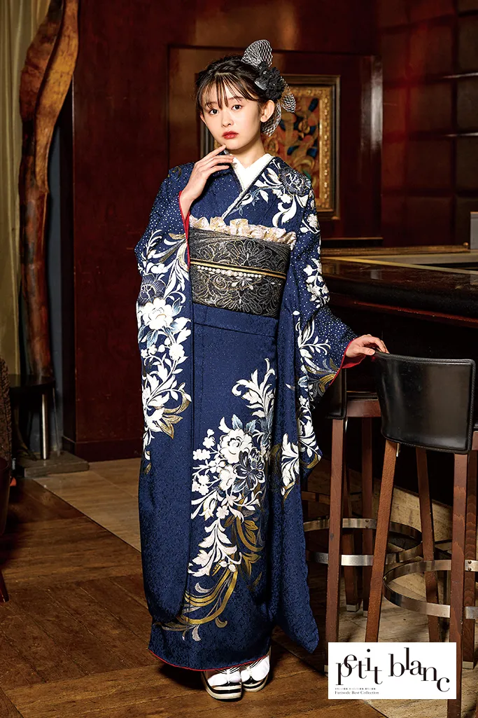 シックな梅花模様 青色 黒色 シルエット 金彩 袷 正絹 成人式 振袖