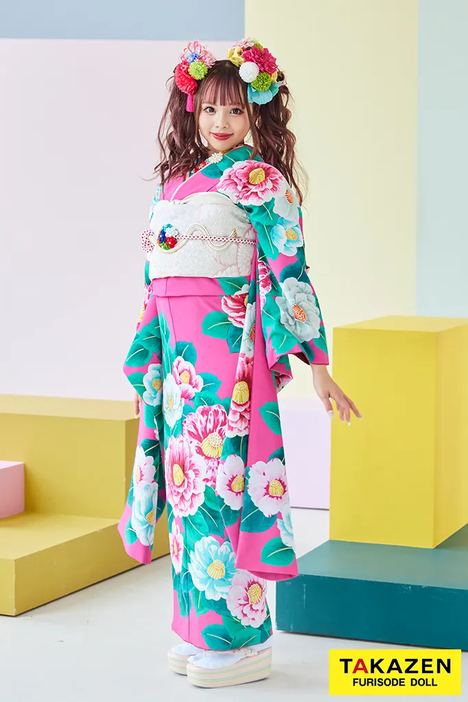 レトロポップ ショッキングピンク 椿柄 個性的 目立つ かわいい