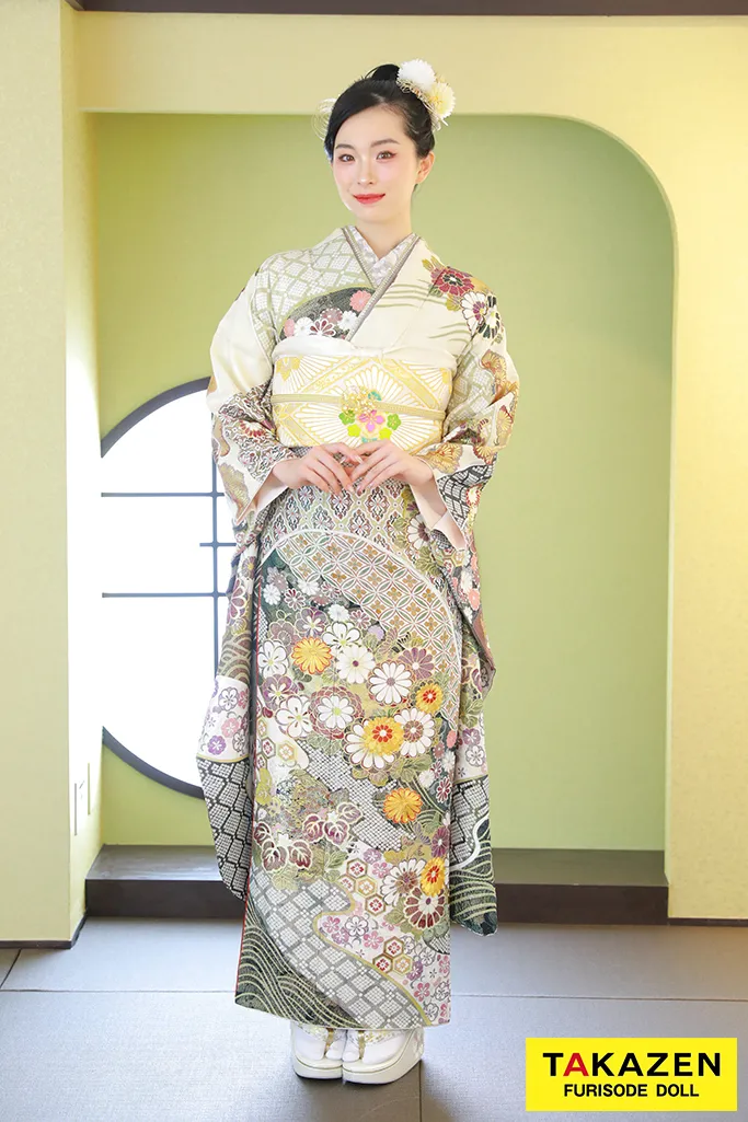 プレミアム古典 くすみグリーン/ニュアンスカラー ねじり菊 ラメ入り