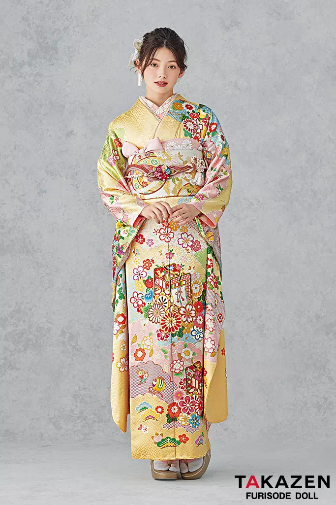 最高級古典柄振袖 吉澤織物/吾妻徳穂 黄色/ピンク 御所車柄/雲取り