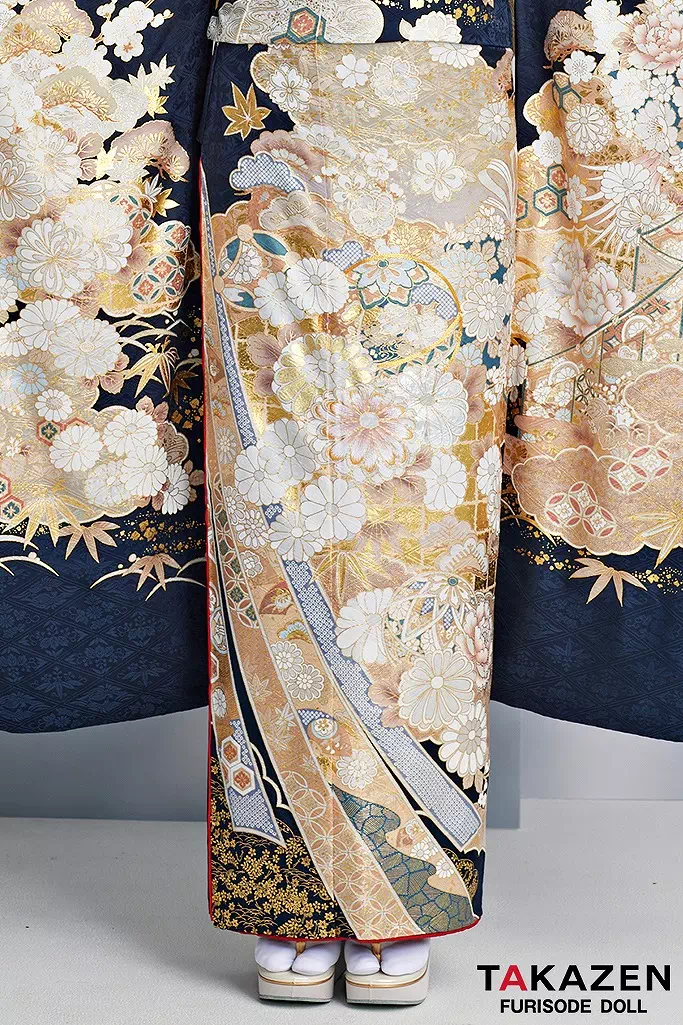 最高級古典柄振袖 関芳/最高級金彩刺繍友禅 紺/金/ネイビー 鞠柄 綺麗