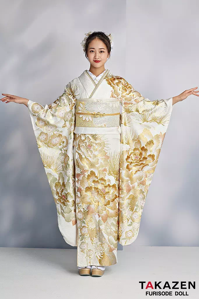 最高級古典柄振袖 関芳/最高級金駒金彩刺繍友禅 白/金/ゴールド 牡丹柄