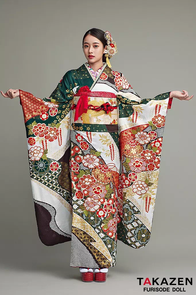 最高級古典柄振袖 滝泰/最高級金彩刺繍絞り友禅 緑/赤 鞠柄/牡丹柄