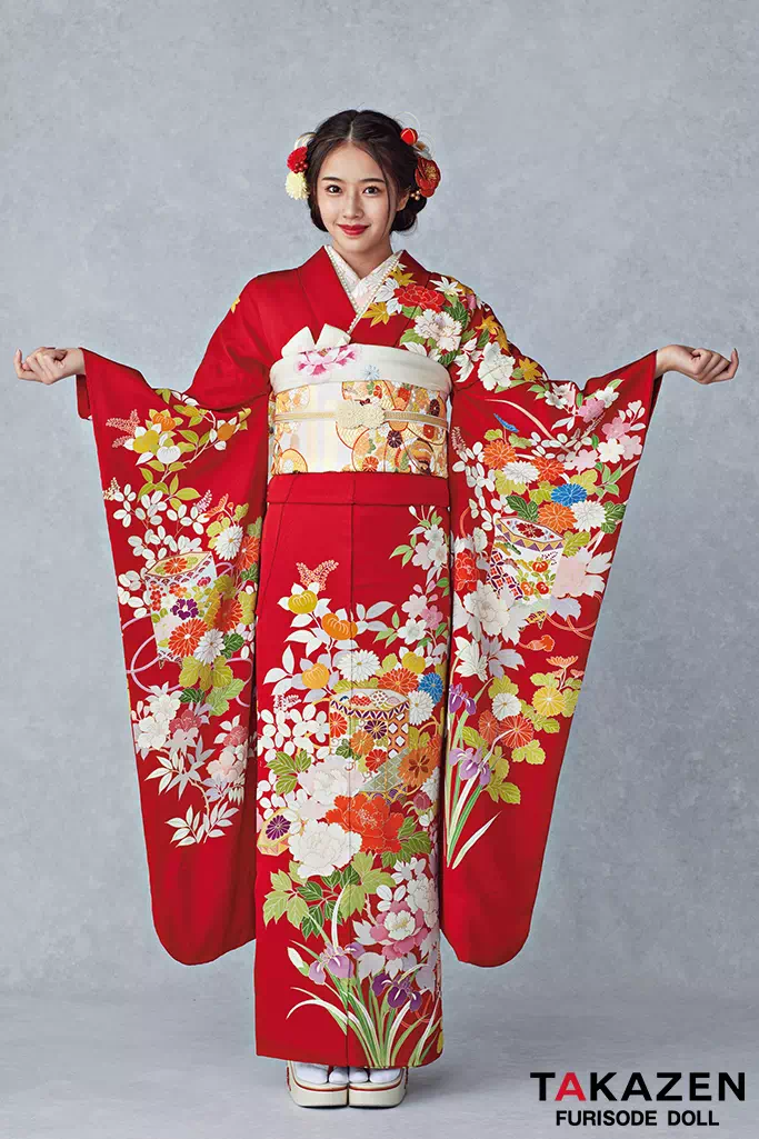 最高級古典柄振袖 千總/最高級金彩刺繍手描京友禅 赤 貝桶柄 上品 綺麗