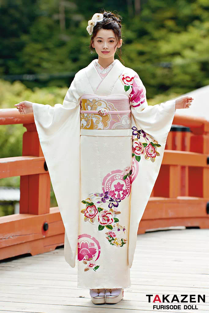 椿に松竹梅の上品な古典振袖フルセット 生成り 椿に松竹梅の上品な古典