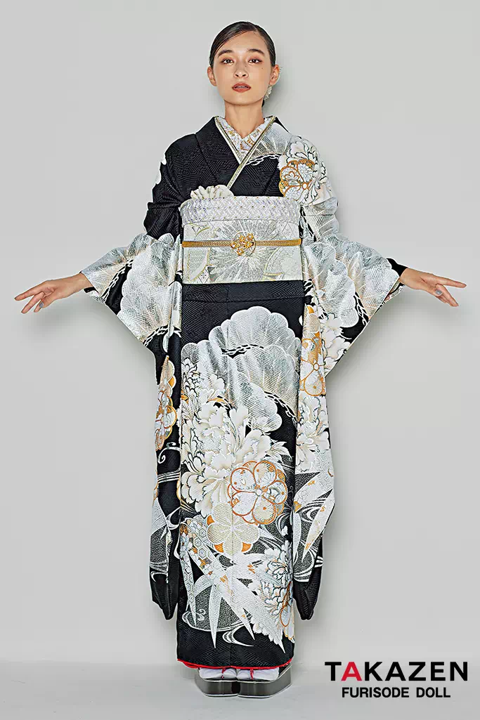 粋古典 紺/赤/ゴールド(金色) 牡丹柄/大柄 金彩刺繍京友禅 かっこいい