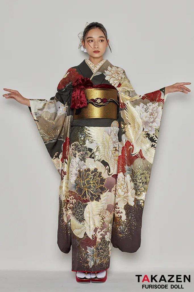 粋古典 カーキ/ブラウン 鶴柄/牡丹柄 シック かっこいい 大人っぽい