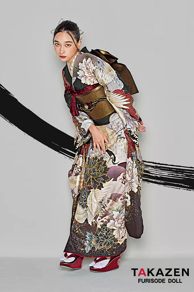 507z9☆人気！振袖 モダン シック 金彩 地紋 赤黒☆結婚式 成人式