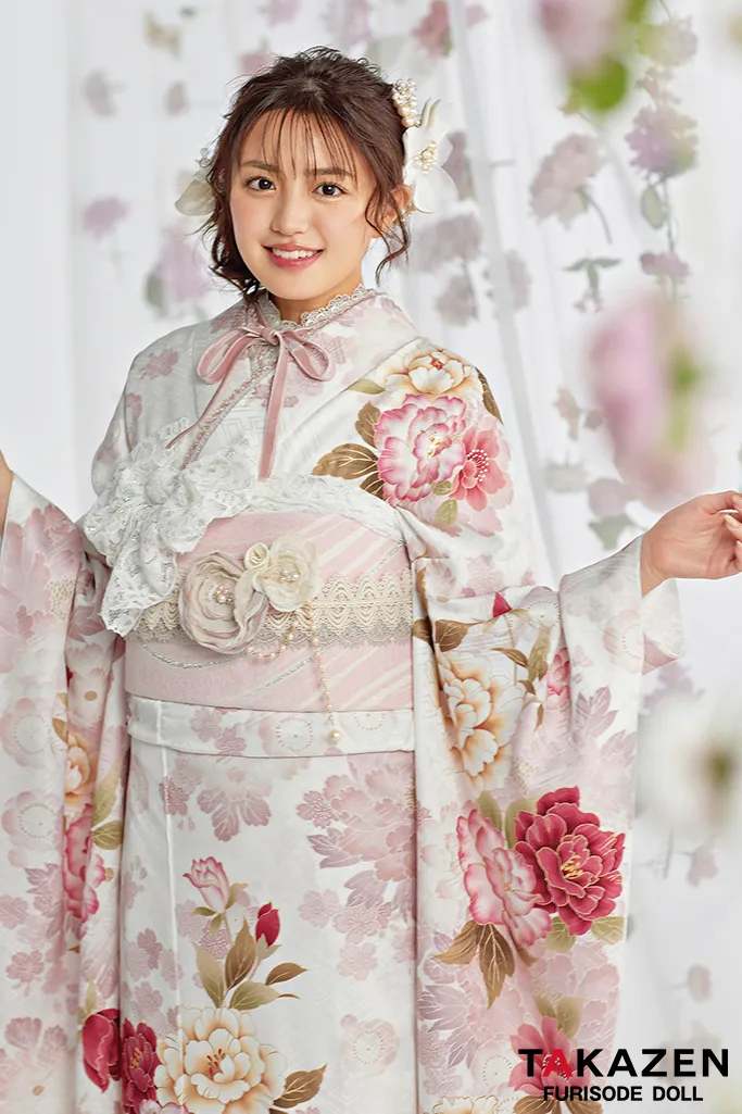 くすみカラーガーリー 白/ピンク/淡色 牡丹柄 あざとかわいい 人気