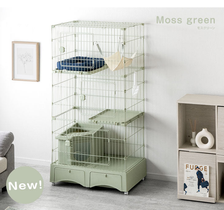 砂が飛ばニャい!? トイレ一体型 キャットケージ 3段 収納 ハンモック