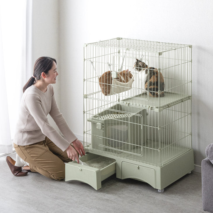 砂が飛ばニャい!? トイレ一体型 キャットケージ 2段 ハンモック