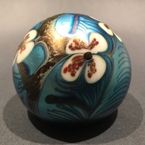 Early 1976 Orient Flume Art Glass Paperweight Iridescent Blue Floral D