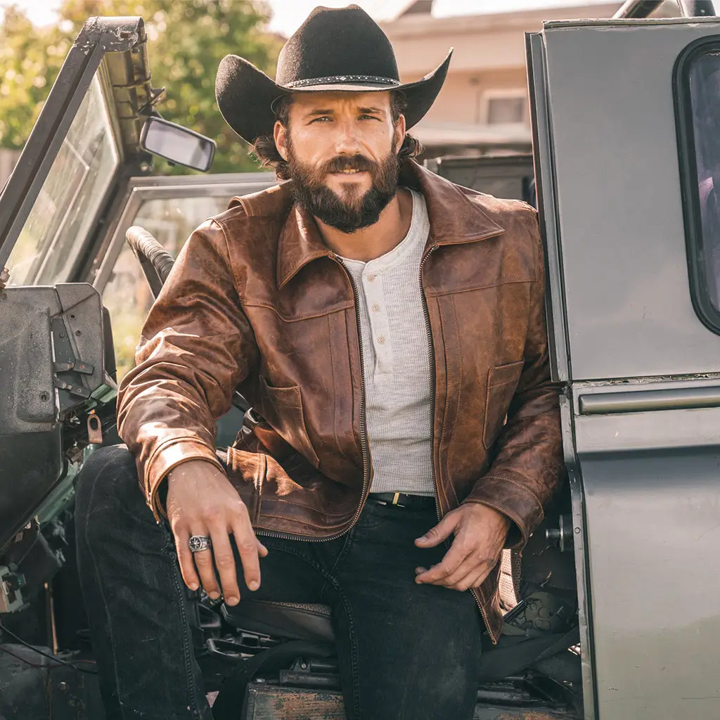 Men's Cow Hide Tan Western Leather Jacket - Western Outfits
