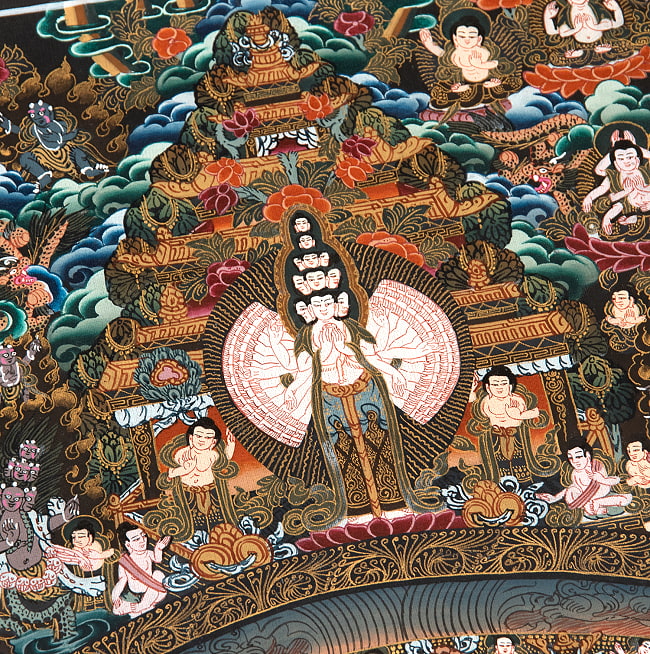 ③ 中国 仏教美術 古玩 曼荼羅 タンカ 手彩色 レザー 送料無料 観音