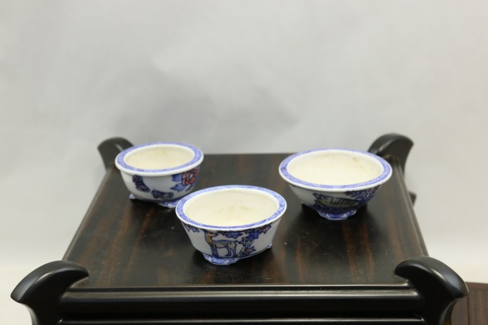 雄山（染付花札図丸）三つ一組 高級盆栽鉢 A3657☆陶器鉢 ミニ盆栽