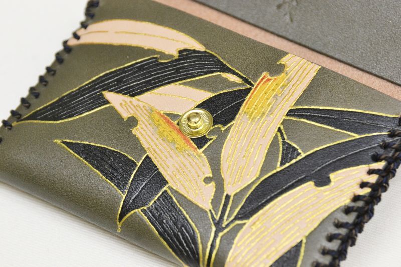 染工房 正茂 |手描友禅 レザー 名刺入れ 笹 灰