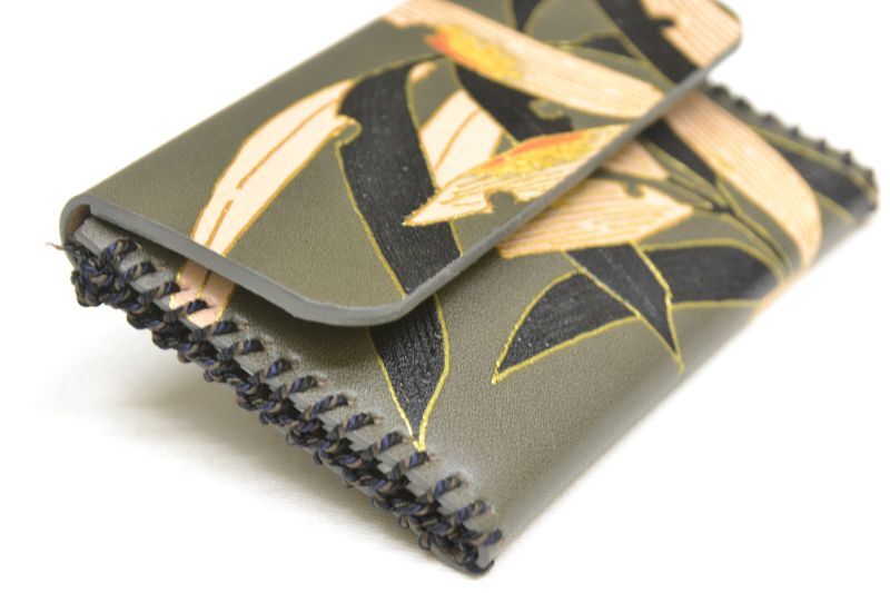 染工房 正茂 |手描友禅 レザー 名刺入れ 笹 灰