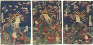 浮世絵版画、全盛楼花見夕栄（蒸気船)三枚綴り、景色昇斎画、人物