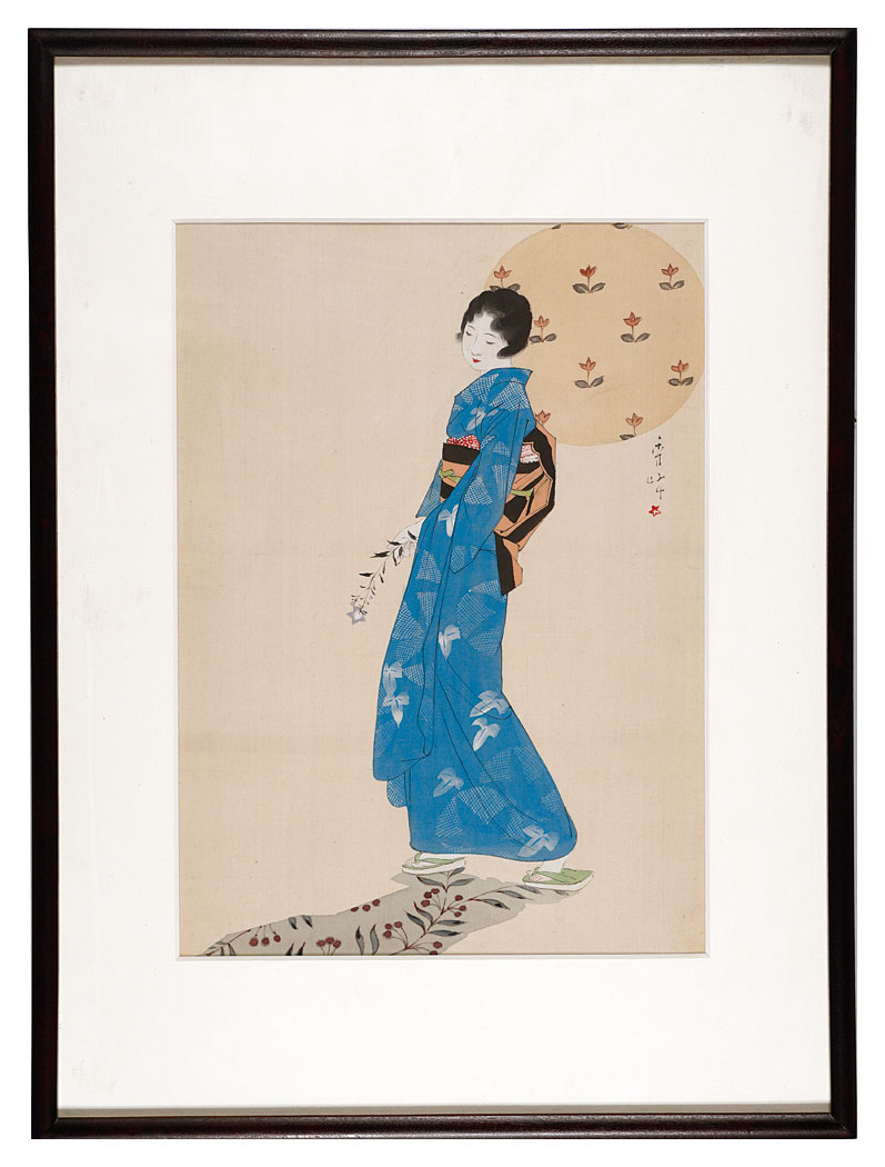 稀少 ヴィンテージ 山川秀峰 昭和風俗美人 『花』 美人画 着物 紙本