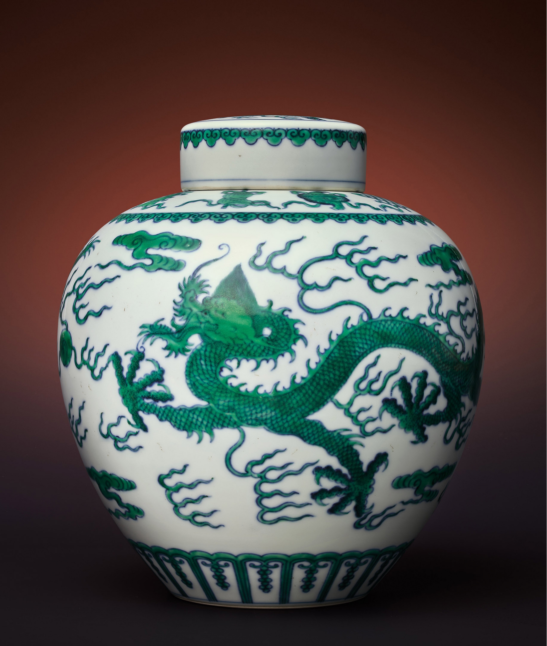 清・道光年製・古陶瓷品・官窯・綠彩・龍紋・蓋罐』極細