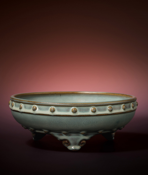 中国古美術/藍釉三彩連弁紋龍耳瓶【保存箱付】