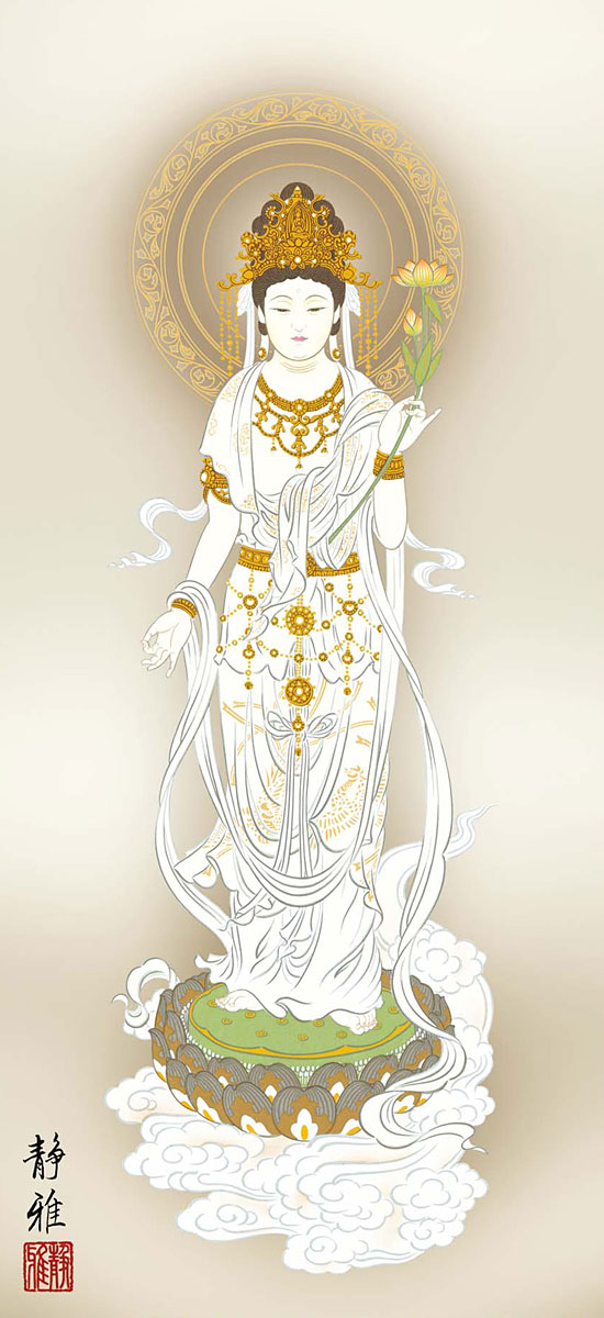 掛軸 箑城『白衣観世音立像図』仏画 絹本 肉筆 無地箱付 掛け軸 a11155